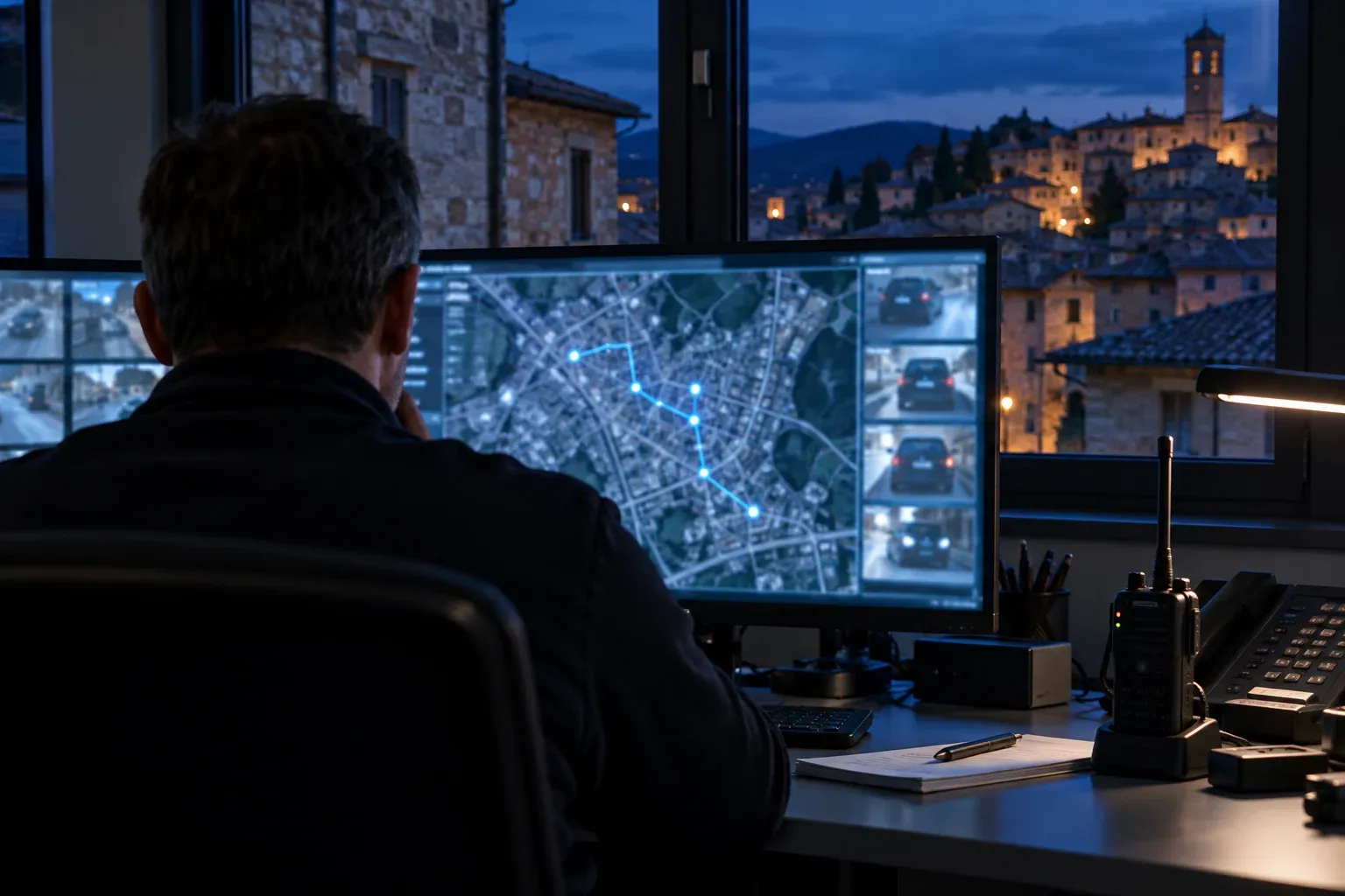 Operatore in centrale davanti alla mappa con il percorso di un veicolo tra i varchi e le immagini dei transiti