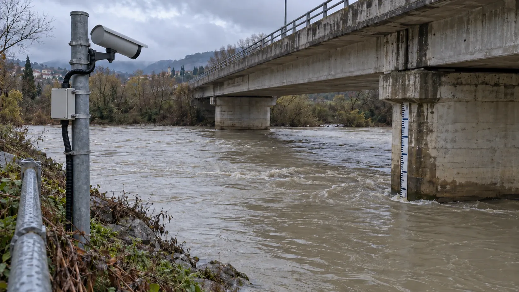 Telecamera su palo che inquadra l’asta idrometrica sul pilone di un ponte, con il fiume in piena