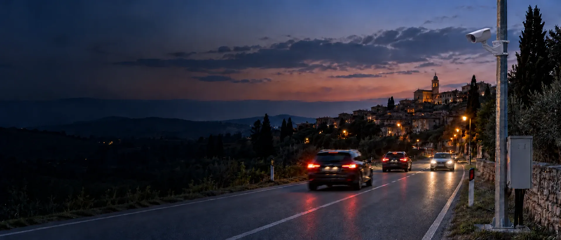 Telecamera di lettura targhe su un palo all’ingresso di un borgo, al tramonto