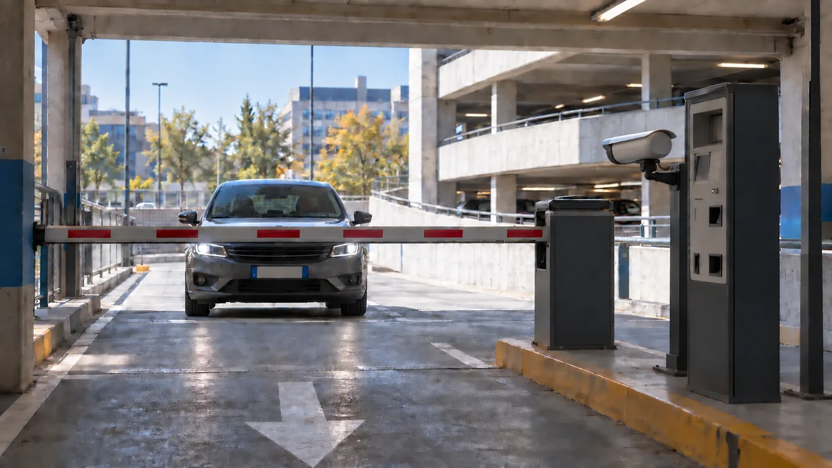 Auto ferma alla barriera d’ingresso di un parcheggio multipiano, con colonnina e telecamera di lettura targa