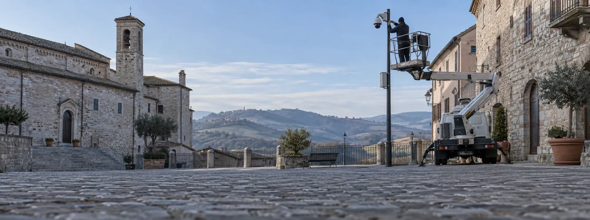 Tecnico su piattaforma aerea al lavoro su una telecamera in una piazza