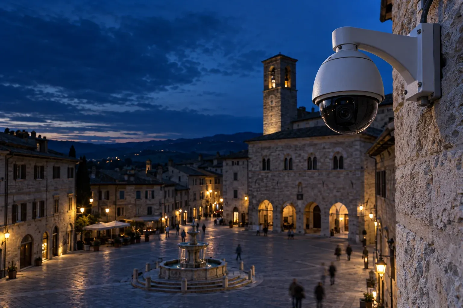 Telecamera dome su un palazzo che inquadra una piazza storica, di sera