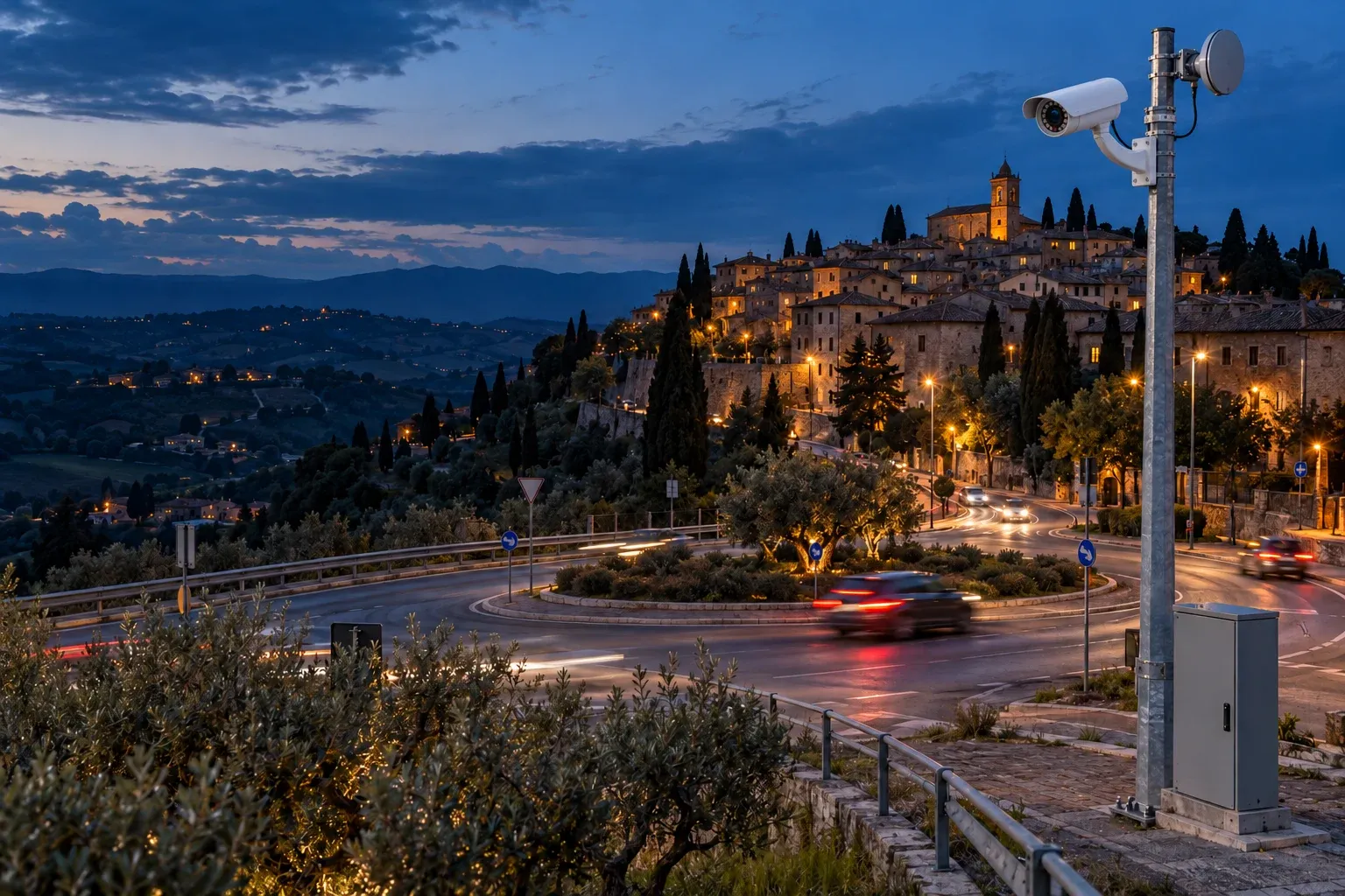 Palo con telecamera e antenna radio sulla rotatoria all’ingresso di un borgo collinare, di sera
