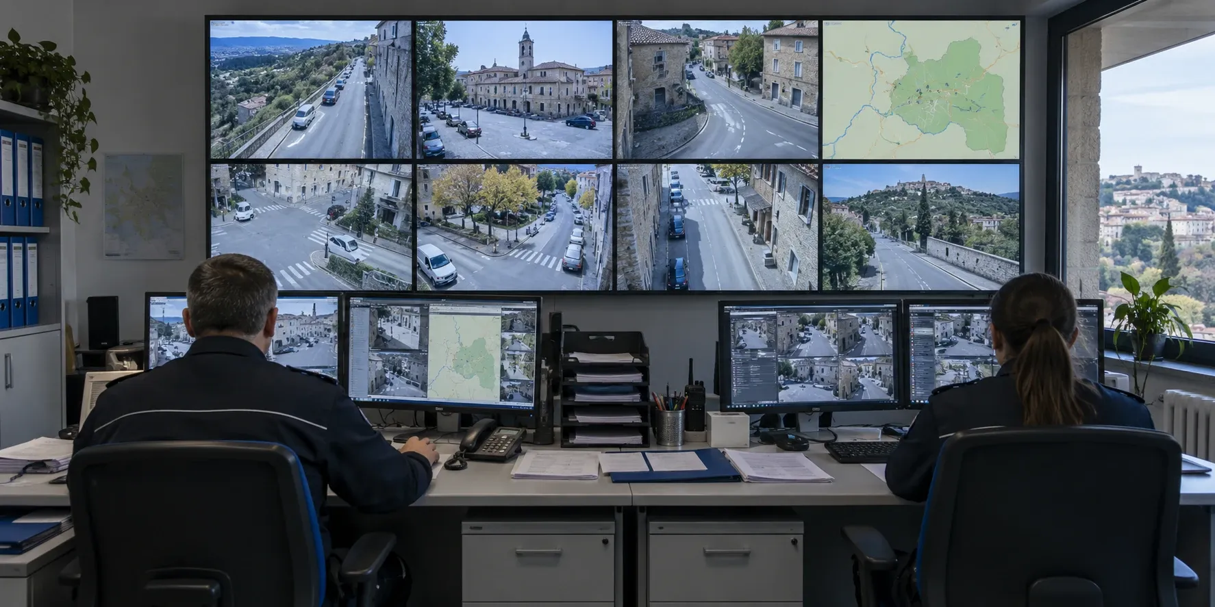 Due operatori della Polizia Locale in centrale operativa davanti al videowall