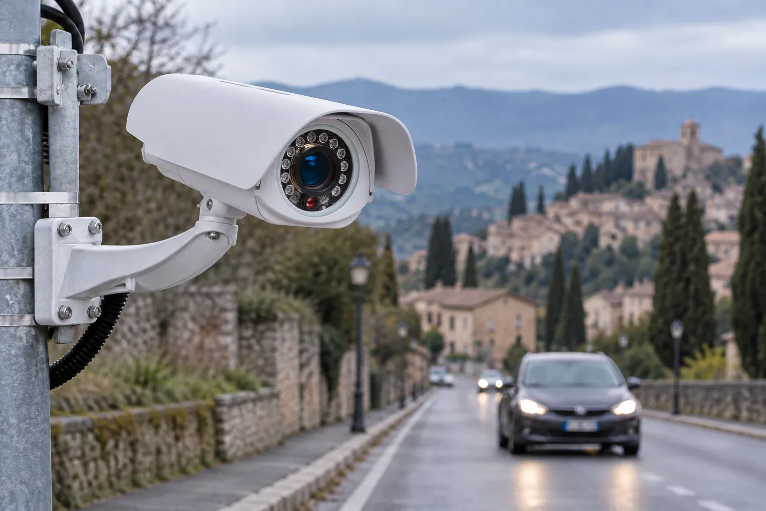 Telecamera di lettura targhe con illuminatore infrarosso su un palo, all’ingresso di un borgo