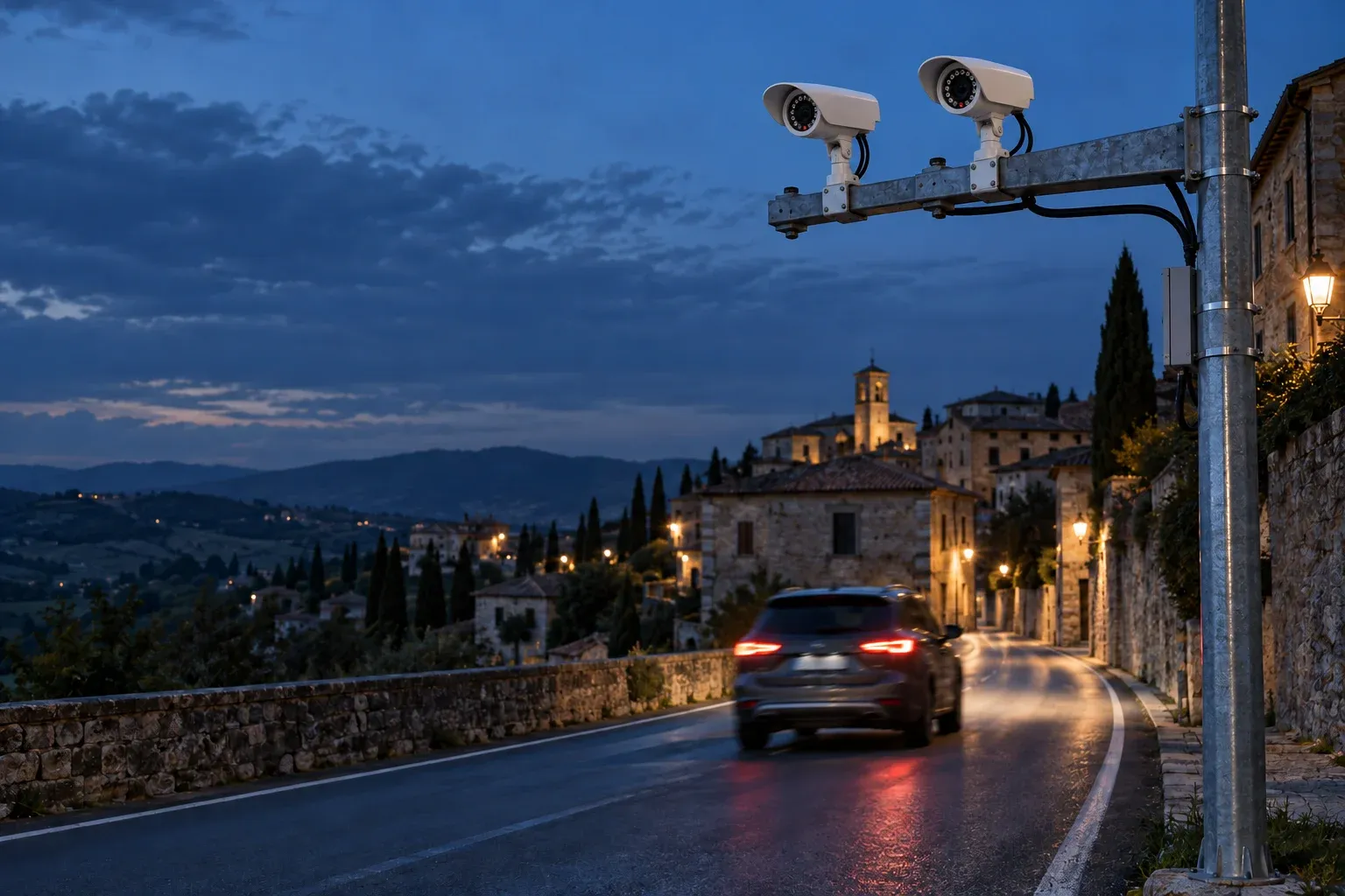 Varco con due telecamere di lettura targhe su uno sbraccio, all’ingresso di un borgo, di sera