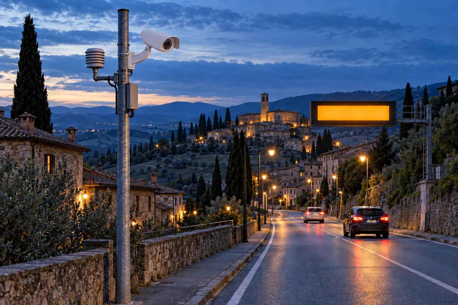 Palo di un varco con telecamera e sensore della qualità dell’aria, e un pannello a messaggio variabile lungo la strada