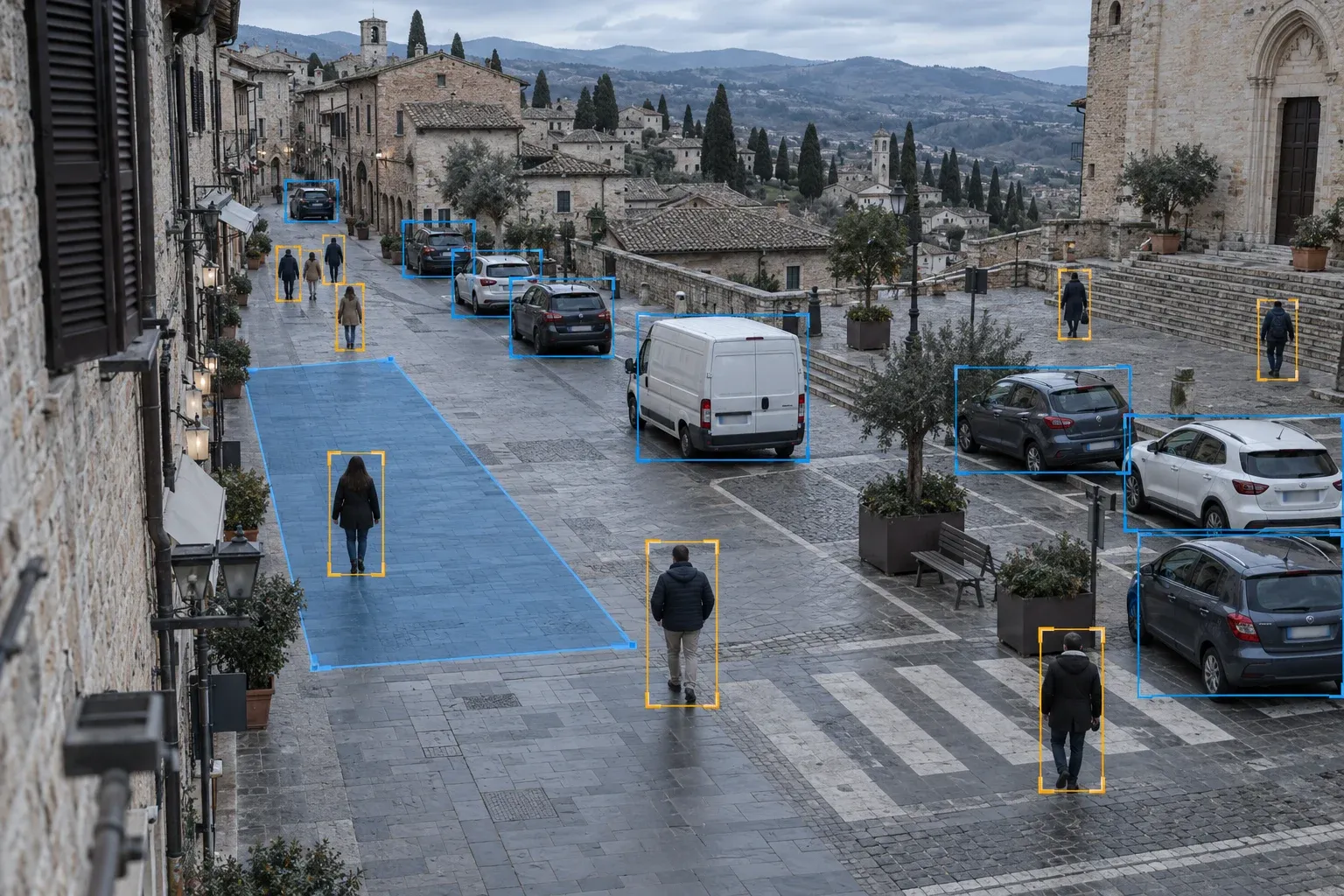 Simulazione di video analisi su una via del centro: persone e veicoli riquadrati, area pedonale delimitata